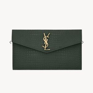 SAINT LAURENT YSL Dark Mint Green Uptown Croc Print Med Envelope Pouch Clutch